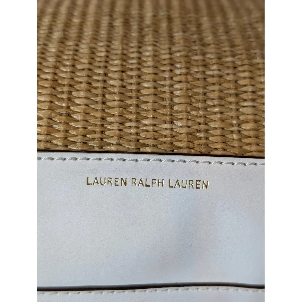 Lauren Ralph Lauren Straw Woven Satchel Bag White Leather Trim Gold Hardware